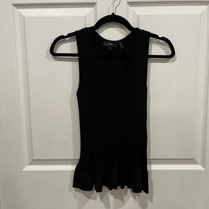 Theory Black Flared peplum Rib Tank Top Sleeveless‎ V-Neck Knit Fitted Size S